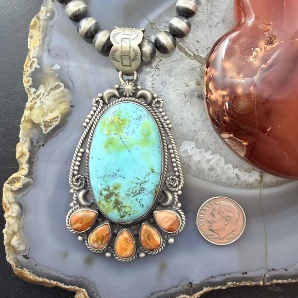 Sterling Southwestern Style Oval Turquoise & Spiny Oyster Pendant For Women - Picture 8 of 10